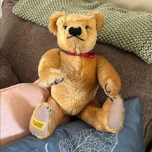 Vintage Mohair Merrythought Teddy Bear with Red Bow - like new condition